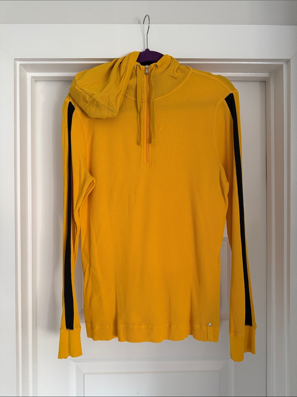 Women's Yellow Half-Zip Hooded Top with Navy Blue Sleeve Stripes